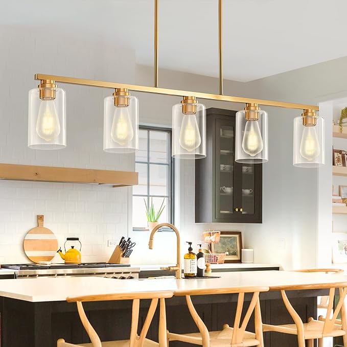 Island Light for Kitchen, Brushed Gold Dining Room Light Fixture Over Table, 5-Light Linear Chandelier Pendant Lighting for Dining Table Kitchen Island Living Room