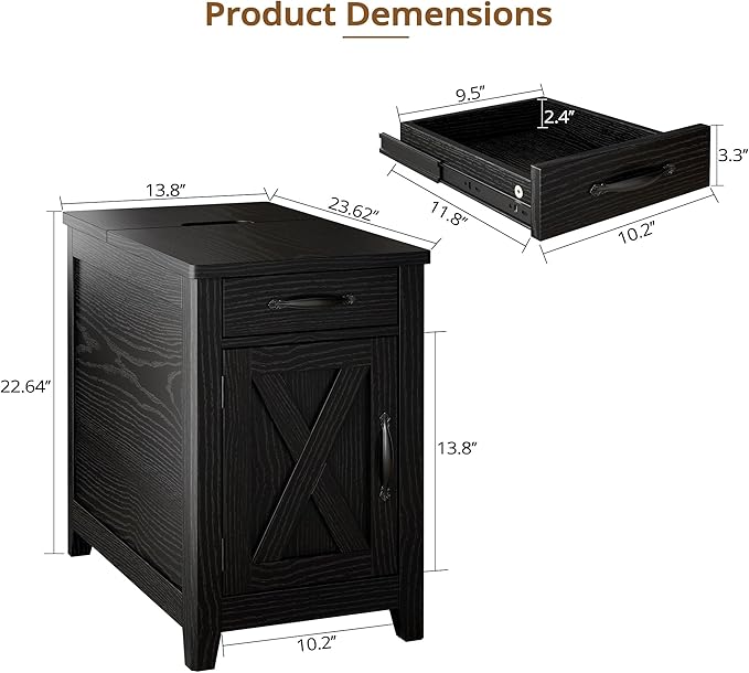 IRONCK End Table with Charging Station, Narrow Side Table for Living Room, Farmhouse Night Stand for Bedroom, Beside Table with Storage and Drawer for Home, Black