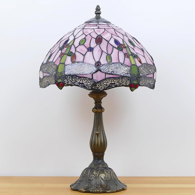 Tiffany Lamp Stained Glass Table Lamp Antique Bedside Reading Light W12H19 Inches (Pink Dragonfly)