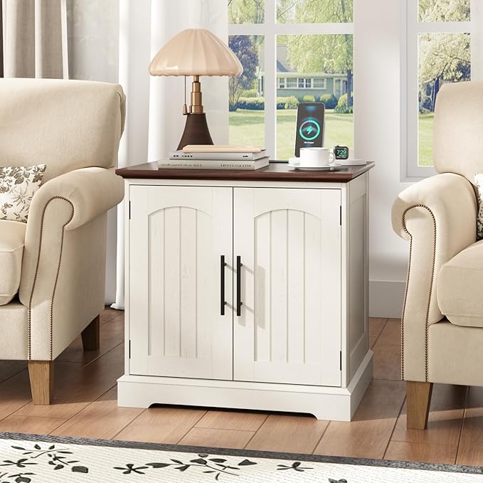 Rustic End Table with Charging Station, 24" Large Sofa Side Table with 2 Arched Doors, Farmhouse Wood Square Nightstand Bedside Tables with Adjustable Storage Shelf for Living Room, Bedroom