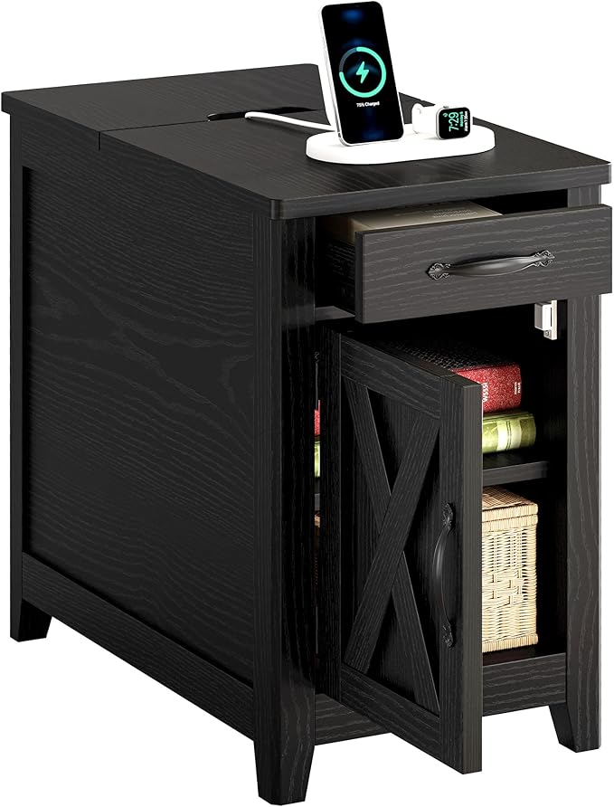 IRONCK End Table with Charging Station, Narrow Side Table for Living Room, Farmhouse Night Stand for Bedroom, Beside Table with Storage and Drawer for Home, Black