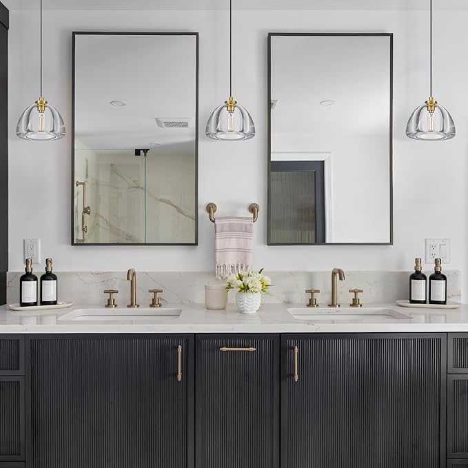 Crystal Pendant Light Kitchen Island: 2 Pack Luxury Brass Hanging Lights - 7" Dimmable Modern Crystals Lighting Fixture over Dining Table - Adjustable Gold Pendants Light for Bathroom Bulbs Included