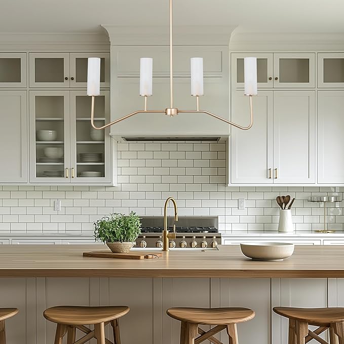 KSANA Gold Chandeliers for Dining Room, 4-Light Modern Pendant Light Fixtures, 32'' Linear Kitchen Island Lighting with Frosted Glass Shade
