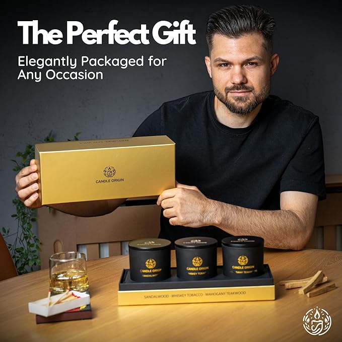 Mens Luxury Candles Christmas Gift Set – 3×10oz Masculine Scented Soy Wax Aromatherapy Candles – Sandalwood, Whiskey Tobacco, Mahogany Teakwood – Long Lasting, Non Toxic, Home, Office, Man Cave Decor
