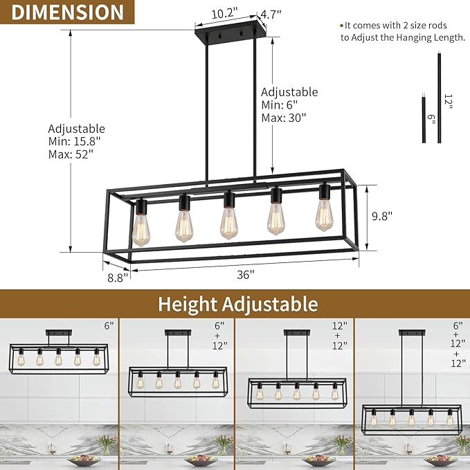 5-Light Dining Room Light Fixture,Black Farmhouse Kitchen Island Lighting,Rustic Pendant Light Over Table with Adjustable Rods,Modern Linear Chandeliers for Dining Room Kitchen Island