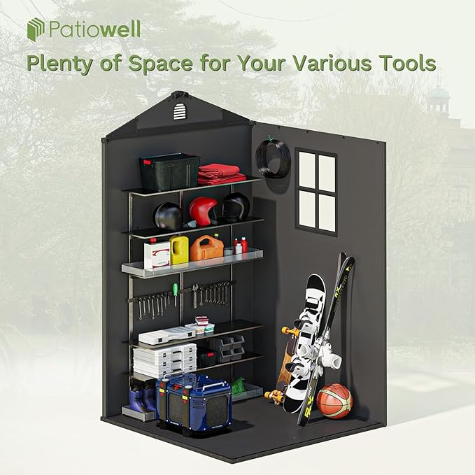 Patiowell 4 x 4 FT Plastic Outdoor Storage Shed with Floor, Garden Tool Shed with Two Windows and Single Lockable Door for Garden, Backyard, Lawn, Easy to Install, Dark Grey