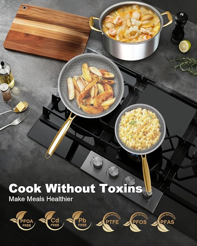FogDream 5pcs Stainless Steel Cookware, Tri Ply Pots And Pans Set, Non Stick Frying Pans, Soup Pot & Sauce Pan With Tempered Glass Lids, Cool Handles, Dishwasher Safe, Induction Compatible, Gold