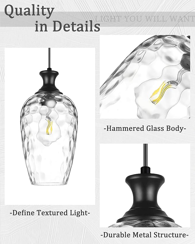 2-Pack Black Pendant Lights Kitchen Island, Modern Farmhouse Hanging Ceiling Lights with Hammered Glass for Dining Room Kitchen Sink