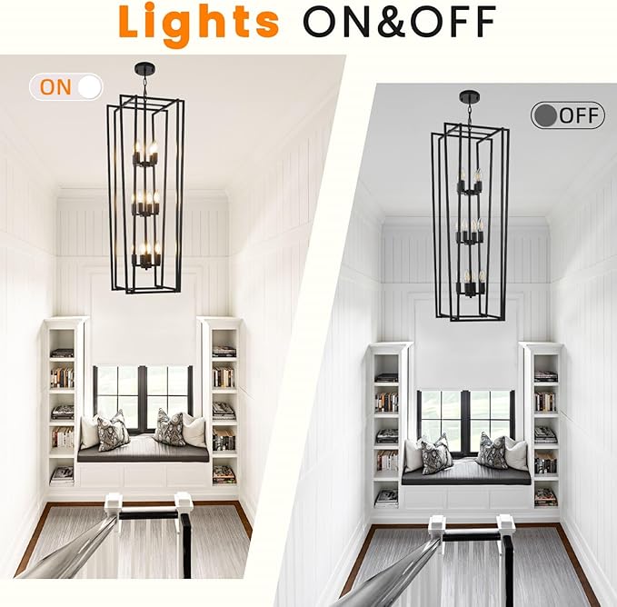 12-Light Tiered Lantern Pendant Light Fixtures,Large Foyer Chandeliers for High Ceilings,Industrial Foyer Lighting Fixtures,Long Chandeliers for High Ceilings,Farmhouse Chandelier for Entryway, Black