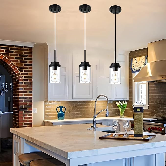 MELUCEE 3 Pack Hanging Pendant Lighting Fixtures Black, Adjustable Hanging Ceiling Lamp with Clear Glass Shade, Modern Pendant Light for Kitchen Island Dining Room Bedroom Hallway