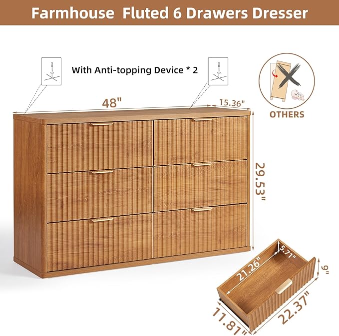 LEYAOYAO Fluted 6 Drawers Dresser, 48" Wide Modern Chest of Drawers with Wood Grain Top, Curved Profile Design, Dresser TV Stand, Wood Drawer Organizer for Bedroom, Living Room, Hallway,Brown