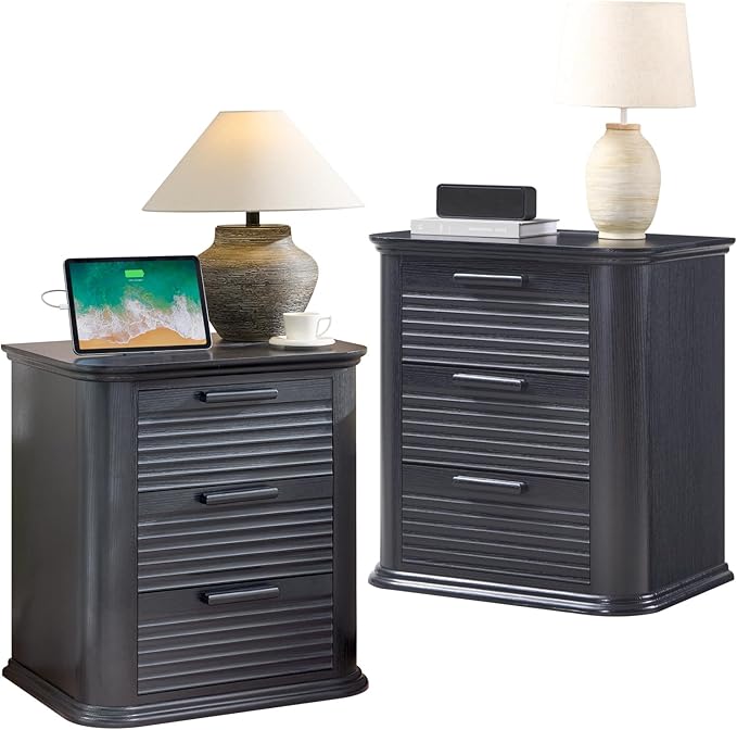 Okvnbjk 22" Wide Fluted Nightstand Set of 2 with Charging Station, Modern End Table for Living Room, Bedroom, Home Office, Wood 3 Drawer Dresser, Large Bedside Tables, Curved Profile Design, Black