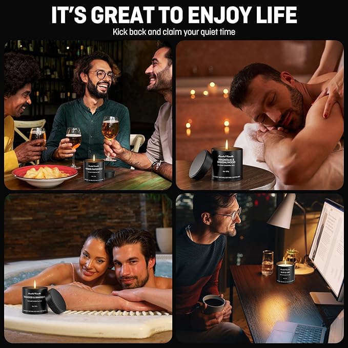 Men's Scented Candle Sets | 4 Pack Aromatherapy Candles Gift in Matte Black Tins for Christmas,Father | Soy Wax Manly Candles of Amber Patchouli,Rum&Oak,Teawood&Mahogany,Magnolia&Sandalwood