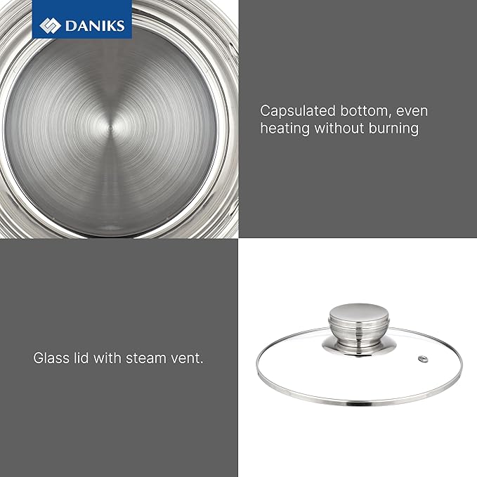 Daniks Standard 9-Piece Stainless Steel Cookware Set with Glass Lids, Includes Saucepan, Tri-Ply Bases for Even Heating, Induction Compatible, Dishwasher Safe, Built-In Measuring Scale, Silver