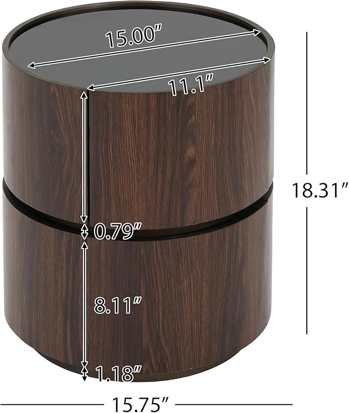 WILLIAMSPACE 15.75" Round Small Coffee Table with Double Storage Drawers & Tempered Glass Top, Modern Accent Side Table Retro Style End Sofa Table for Living Room Apartment, Black+Brown