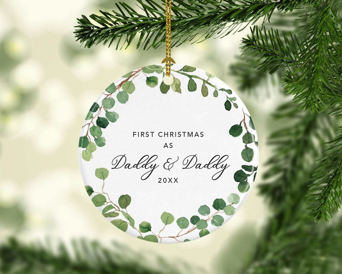 Andaz Press Custom Year Round Ceramic Porcelain Christmas Tree Ornament Keepsake Collectible Gift, First Christmas as Daddy & Daddy 2025, Farmhouse Eucalyptus Wreath, 1-PackGay Couple