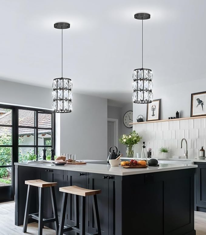 1-Lights Modern Crystal Pendant Lights for Kitchen Island LED Dimmable Glam Pendant Lighting Chandelier for Dining Room Hallway Corner Lamp Black