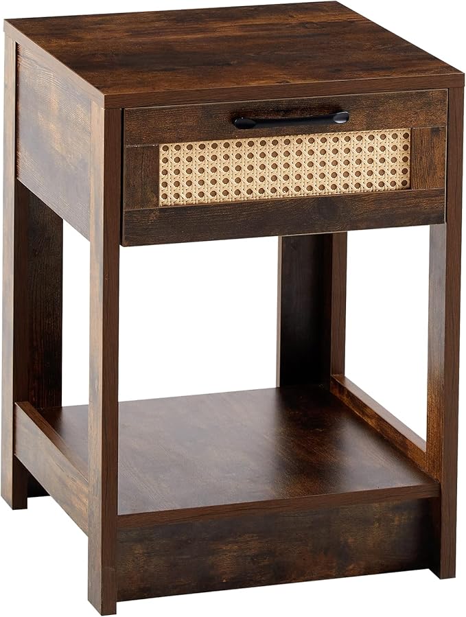Rattan Nightstand - Wooden Boho End Table with Storage Drawer and Opening Shelf, Bedside Tables Bed Side Table Accent Table for Living Room, Bedroom Small Space