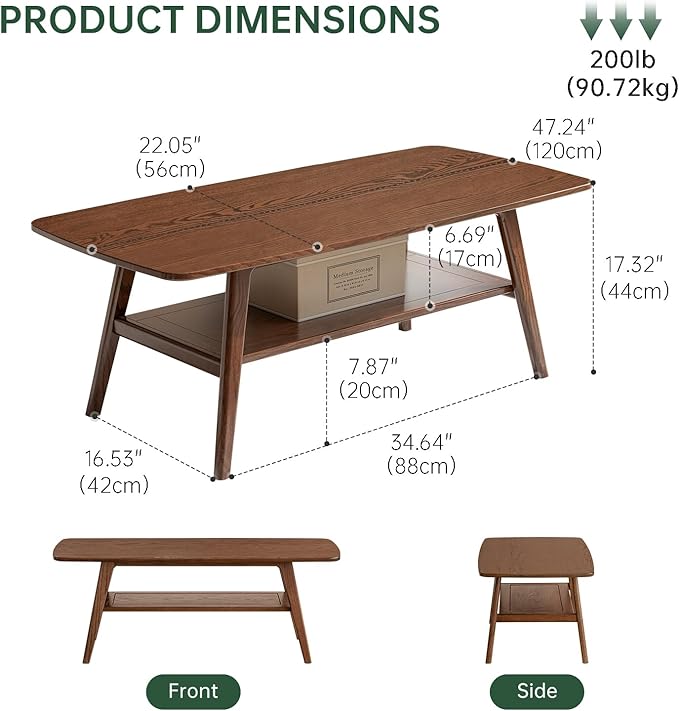 100% Solid Oak Wood Coffee Table with Storage Shelf, 2-Tier Rectangle Coffee Table for Living Room, Modern Center Table for Living Room (Walnut Colour, 47.24" W x22.05 D x 17.32" H)