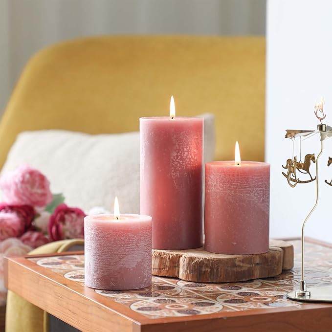 3x4 Inch Reddish Brown Pillar Candles Set of 3 - Unscented Candles, Long Clean Burning, Large Big Candles, Smokeless Dripless Pillar Candles for Dinner Table, Wedding, Home, Bathroom, Rustic Decor
