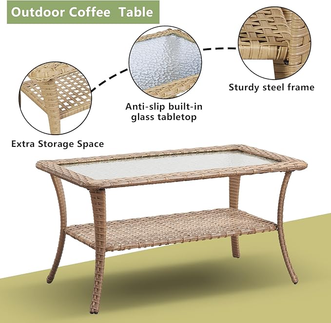 Rilyson Patio Tables Outdoor Coffee Table - Wicker Rattan Coffee Tables with 2-Tier Storage Shelf Glass Top for Outside Proch Deck Balcony Garden Rectangle Yellow