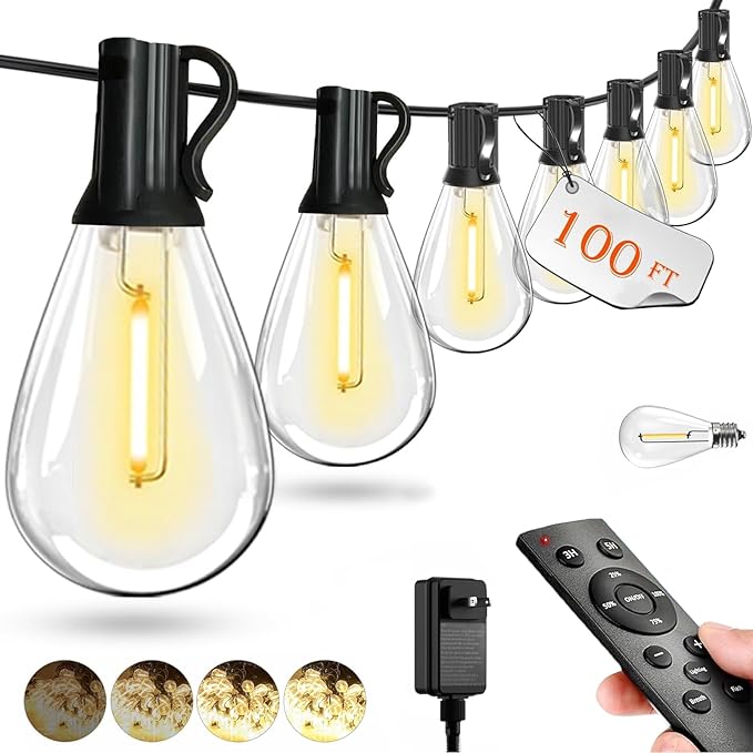 100FT LED Outdoor String Lights with Remote, Dimmable Timing 3 Light Modes Outside Patio Lights for Backyard Porch Deck Garden Balcony Pool Party Hanging Lighting Decor