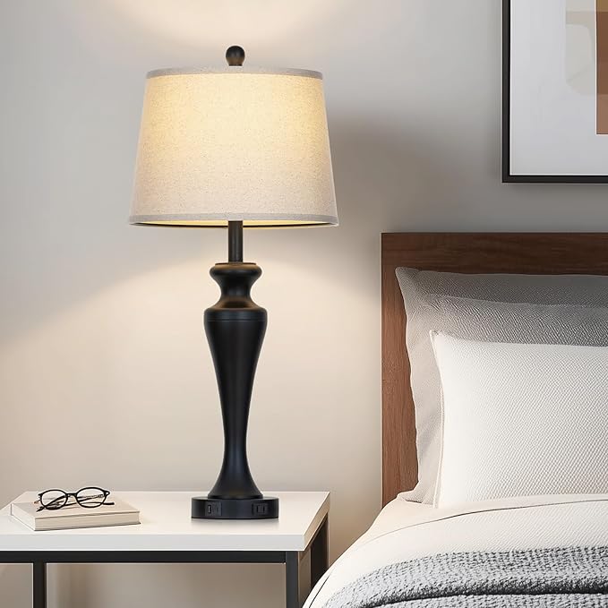 30" Black Table Lamps for Living Room, 3-Way Dimmable Touch Bedside Lamp with USB A+C Ports and AC Outlet, Tall Bedroom Lamps Set of 2, Modern Metal Nightstand Lamps for Desk Side Table Office