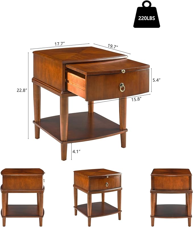 Traditional Wood End Table with Drawer and Storage Shelf, Hardwood Beside Table with Pull-Out Divider, Modern Vintage Sofa Chair Side Table Nightstand for Living Room Bedroom, Cherry Brown 1569MG