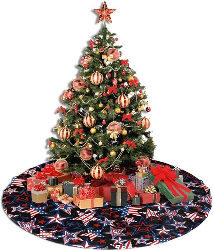 Patriotics American Flag Stars and Stripes Veterans Day Christmas Tree Skirt 4th of July Decorations Christmas Tree Ornaments Holiday Party Indoor Outdoor 48"