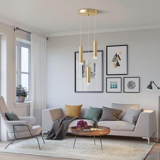 KCO Lighting 3-Light Gold Cylinder Kitchen Island Pendant Light Brushed Brass Metal Long Tube Bar Cluster Pendant Lighting Industrial Farmhouse Adjustable Hanging Ceiling Light Fixture