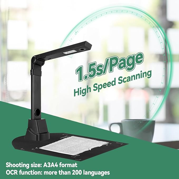 Document Scanner, 12MP Book Document Camera for Teachers Multi-Language OCR Recognition Foldable & Portable Pocket Book/Multi-Page Scanning, Capture Size A3/A4, Only Windows