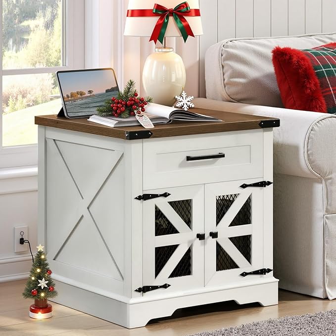 White Farmhouse End Table with Charging Station, 24" Large Sofa Side Table with Drawer, Large End Table for Living Room, Wooden Nightstand with Outlet, Square, White and Walnut