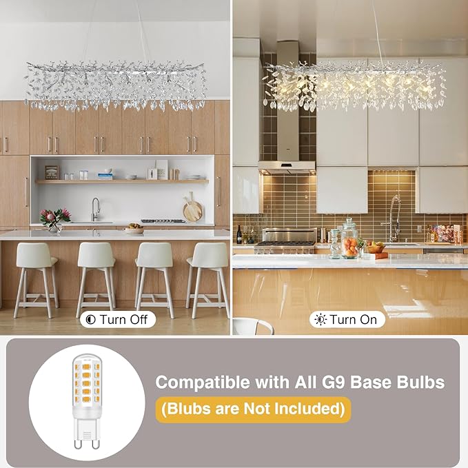 YUYI 47" Silver Crystal Chandelier, 14-Light Modern Tree Branch Chandelier, Luxury Rectangular K9 Crystal Raindrop Chandeliers for Dining Room, Kitchen Island, Living Room, Contemporary Light Fixture