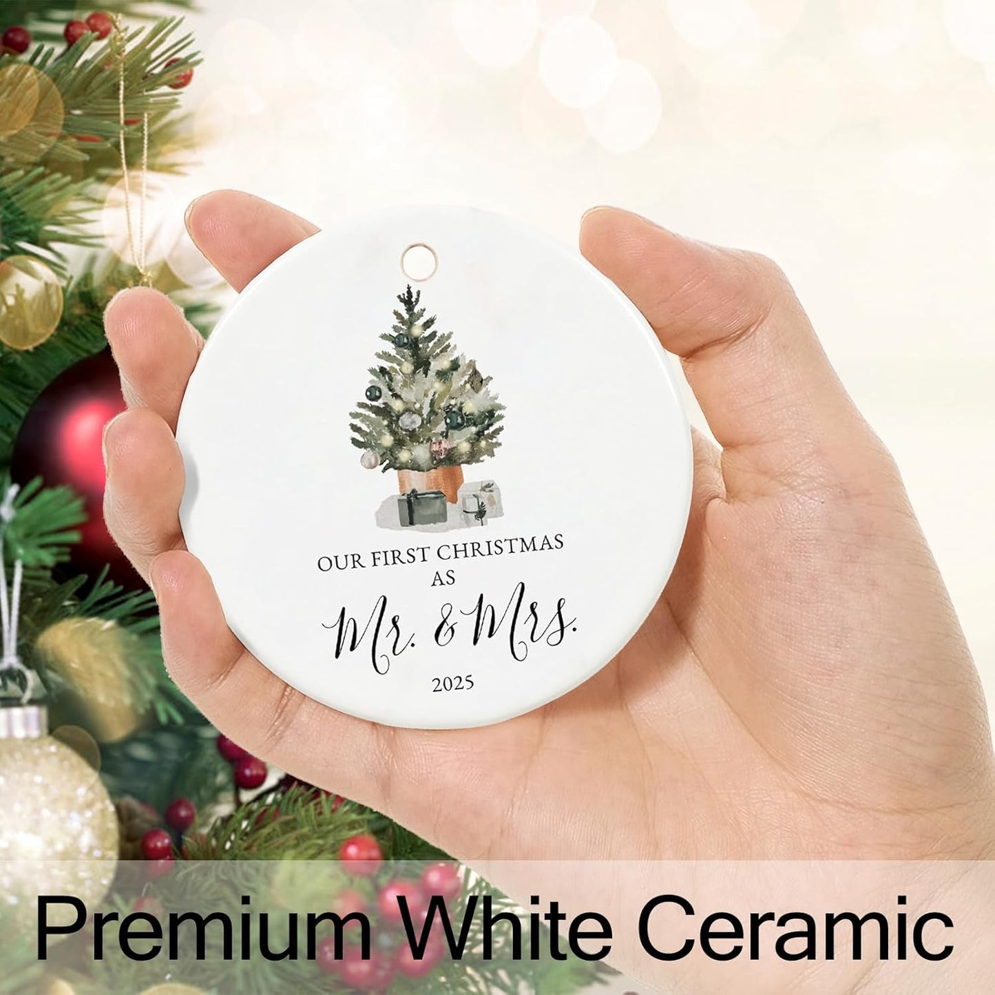 Our First Christmas Married Ornament 2025, Just Married Gifts for Couple, Mr and Mrs, Ceramic Keepsake with Ribbon and Gift Box