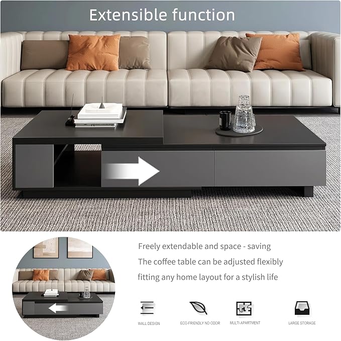 66.14 Inch Coffee Table, Modern Retractable Storage Coffee Table, Rectangular Living Room Table with 4 Drawers Storage for Living Room, Home Office, Black Grey
