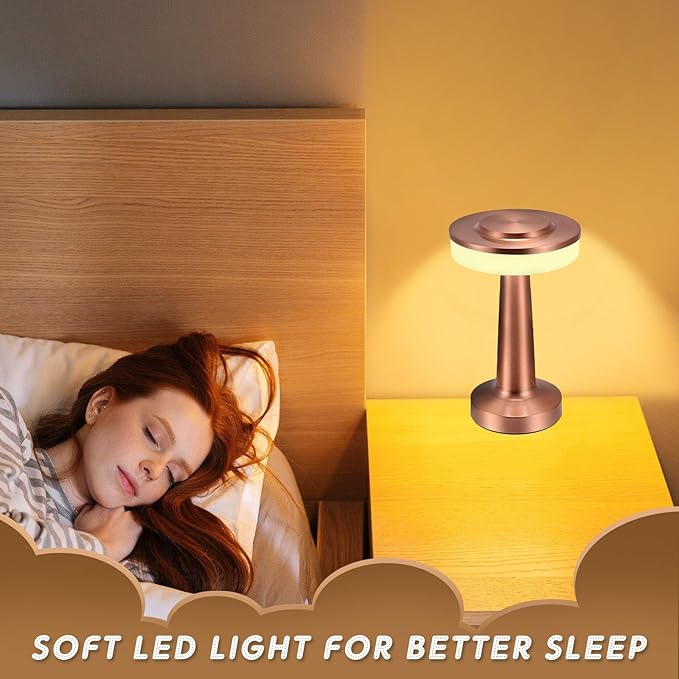 Riakrum 2 Pcs LED Portable Cordless Table Lamp with Touch Sensor 3 Color Stepless Dimming Rechargeable Battery up to 15 Hours Cordless Table Light Wireless Lamp for Nursery (Rose Gold)