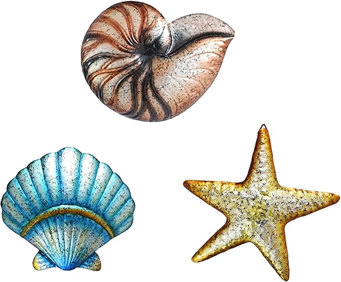 Weibefee 3 Pcs Metal Beach Wall Decor Sea Star Shell Conch Metal Christmas Decor Ocean Theme Marine Coastal Bathroom Christmas Decorations Gift Rustic Cottage Nautical Wall Art for Office Home Living Room Nursery Room