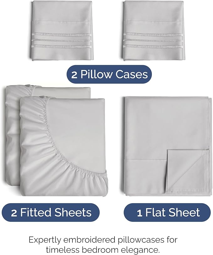 Split King Size 5 Piece Sheet Set - Comfy Breathable & Cooling Bed Sheets Set - Hotel Luxury Bedding for Women, Men, Kids, Teens, Boys & Girls - Deep Pockets and Wrinkle Free - Oeko-Tex - French Grey