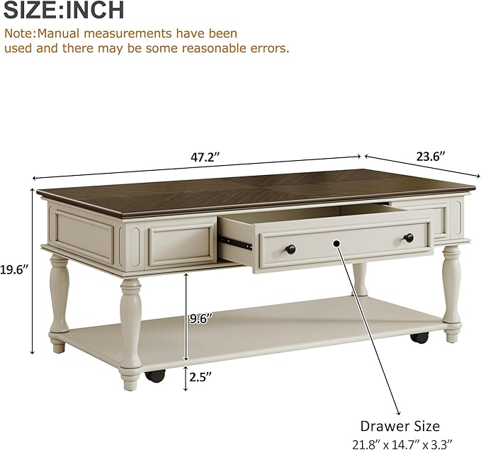 Polibi Coffee Table with Large Storage Drawer, Retro Movable Rectangular Cocktail Table with 4 Caster Wheels for Livingroom, Easy Assembly (Grey+White)