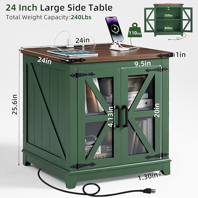Farmhouse End Table Set of 2, 24" Large Sofa Side Table with Charging Station Glass Barn Door, Wood Nightstand with Adjustable Storage Shelf, Square Bedside Table for Living Room, Bedroom,Office-Green