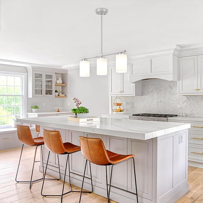 3-Light Kitchen Island Lighting, Brushed Nickel Dining Room Light Fixtures Over Table, Modern Farmhouse Chandeliers with Milky Glass Shade Pendant Light for Dining Room Kitchen Island