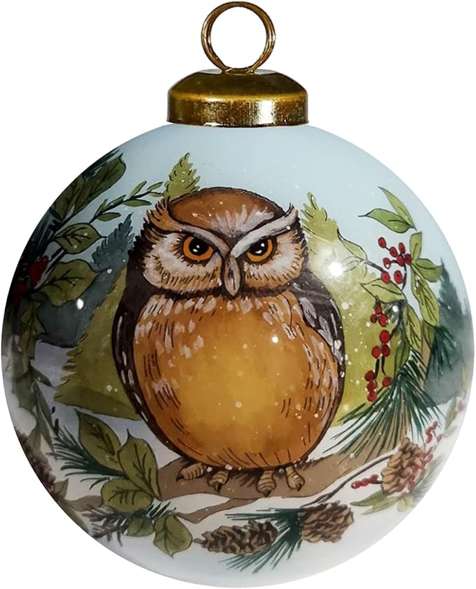 Hand-Painted Glass Owl Ornament – Woodland Forest Bird Collectible with Evergreen Tree Backdrop – Winter Wildlife Christmas Decoration – 3” Round Reverse-Painted Ornament with Gift Box