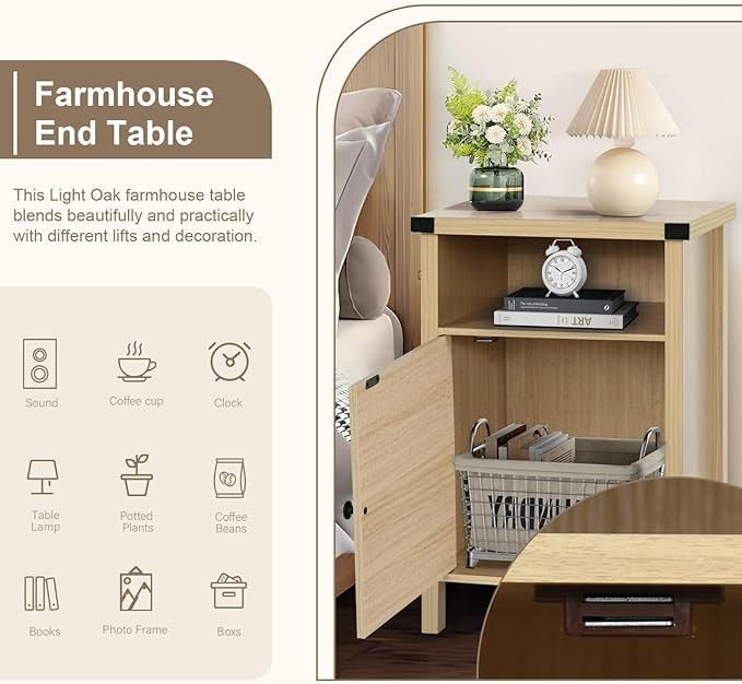 Farmhouse End Table, Nightstand, End Tables with Barn Door and Shelf, Modern Bed Side Table Rustic Nightstands Set for Bedroom, Living Room, Set of 2, Natural