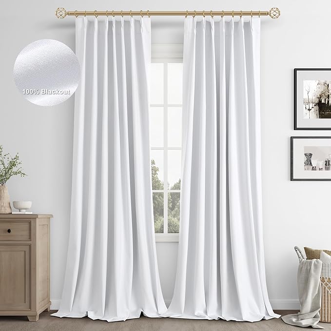 Joywell 100% Blackout Linen Curtains 102 Inch Long,Pinch Pleated Back Tab Drapes with Hooks Room Darkening Thermal Insulated Noise Reducing for Bedroom Living Room,W40 x L102,White,2 Panels