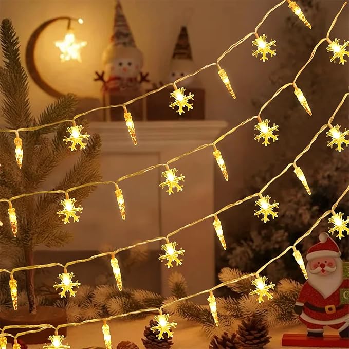 Christmas Icicle Light，19.6ft 40 LED Warm White Icicle Snowflake String Lights Indoor, Hanging Icicle Christmas Lights for Eave Holiday Garden Indoor Outdoor Xmas Decorations