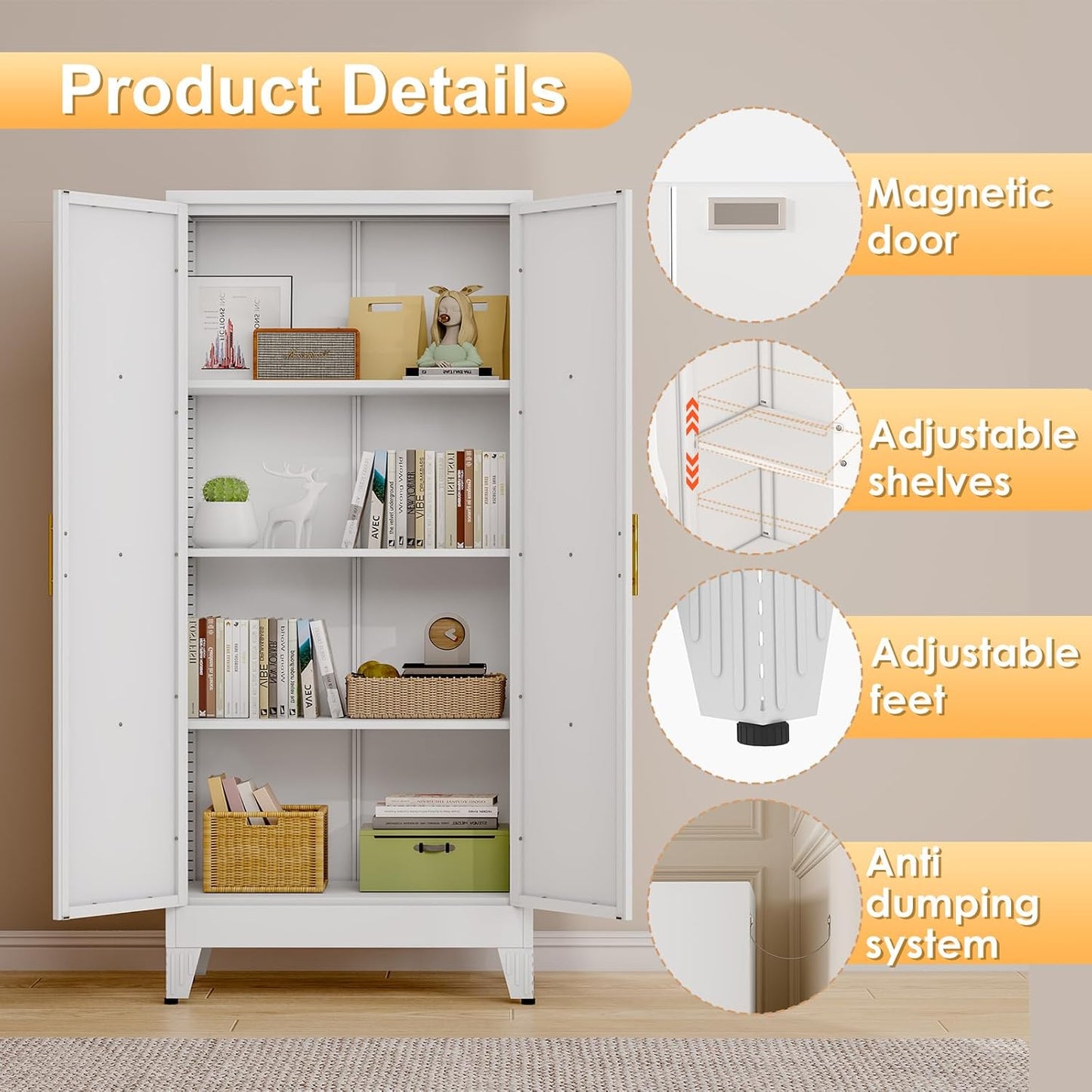 61" H Metal Kitchen Pantry Storage Cabinet, Freestanding Cupboard with 2 Doors and 3 Adjustable Shelves, Standing Storage for Kitchen, Bathroom, Garage, Dinning Room or Utility Room（White）
