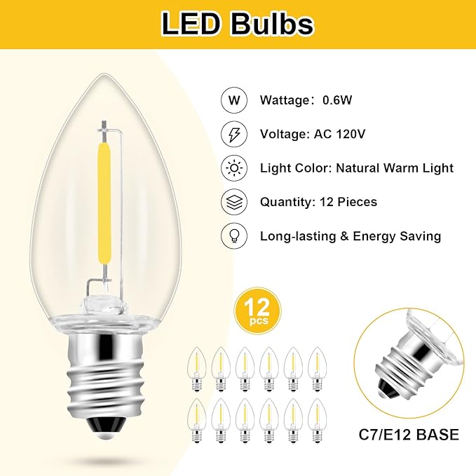 2Pack Accessory Cord with 12 LED Light Bulbs Christmas Village String Light 10.3FT White Cord with Spare Fuse Warm White C7 Lamp for Halloween Pumpkins Christmas Village Houses and Craft Decoration