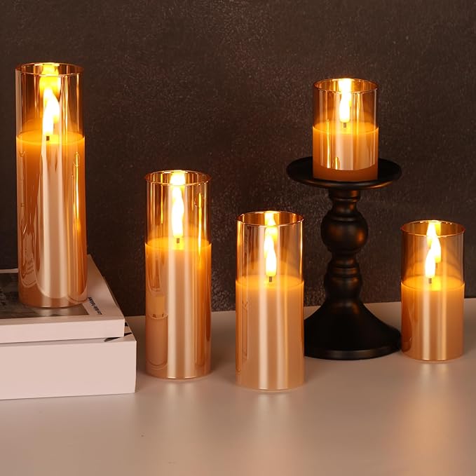 Gold Glass Flameless Candles with Remote Batteries, Flickering Slim LED Pillar Candles Christmas Holiday Decor Set of 5