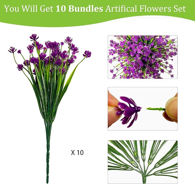 10 Bundles Outdoor Artificial Faux Flowers UV Resistant No Fade Fake Plastic Plants for Garden Artificial Plants Indoor Fuchsia