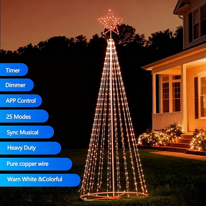 12Ft RGB Outdoor Lighted Christmas Tree Lights Cone Tall Star Topped Artificial Christmas Trees Outside Decor for Xmas New Year Holiday